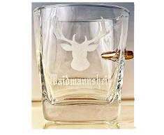 Jäger Geschenk-Trink Glas mit Geschoß cal.308 und Gravur -Waidmannsheil-