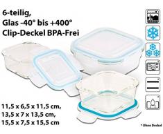 Rosenstein & Söhne Glasdosen: 5in1-Glas-Frischhaltedosen-Set, 6-tlg, Clip-Deckel, -40 bis +400 C° (Glasbehälter mit Deckel luftdicht)