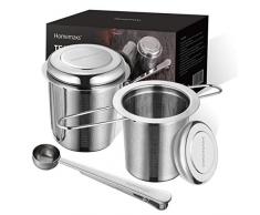 Homemaxs Teesieb Teefilter für losen Tee, 2 Stück 304 Edelstahl Tee Sieb inklusive Deckel Abtropfschale und 1 Löffel, Premium Teesieben mit Faltbare Griffgestaltung Passend für Teekannen, Tee-Tassen