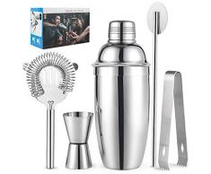 Cocktailshaker Set, HICOO Edelstahl Shaker, Jigger, Rührlöffel, Sieb, Eiszange, Cocktail Zubehör Barkeeper Set