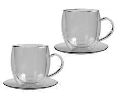 Feelino 2x 250ml Bullini doppelwandige Thermotassen mit Untersetzer - edle Glas-Teetassen / Kaffeetassen mit Schwebeeffekt, Henkel und Untersetzer
