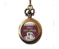 Halskette mit Taschenuhr, Geschenk für Kaffeeliebhaber – Kaffee-Schmuck – Kaffee-Glas Anhänger Halskette