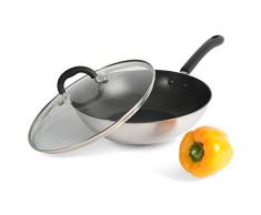 ProCook Gourmet Steel Wok - Wok mit Deckel - 28 cm - Induktion - Edelstahl Wok - mit Antihaftbeschichtung - Stay-Cool-Griffe