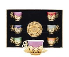 Alisveristime 12-teiliges Porzellan-Set, türkisch, griechisch, arabisch, Kaffee, Espressotasse und Untertasse, verschiedene Farben