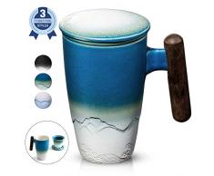 SULIVES Keramik Teetasse mit Deckel und sieb, 400 ml, Teetrennbecher,Becher aus Porzellan für Losen Tee Oder Beutel dunkelblau