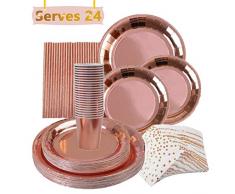 VAINECHAY 146pcs Partygeschirr Geburtstag Mädchen Party Einweggeschirr Teller Hochzeit Papier Geschirr Pappbecher Weiss Serviette Stroh Cocktailhalme Strohhalme Rosegold, 24 Gäste
