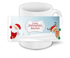 Weihnachts-Tasse mit Namen Bärbel und schönem Weihnachtsmotiv mit Weihnachtsmann, Rentier und Schneelandschaft