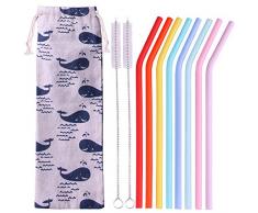Strohhalm wiederverwendbar 11er Set, 8 silikon Strohhalm+ 2 Reinigungsbürsten+ Eco-Beutel, 0.51cm Durchmesser 22cm Länge umweltfreundliche Trinkhalme ideal für Milch, Cocktail, Tea