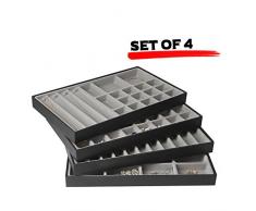 JackCubeDesign Stapelbare Leder Schmuck Tablett Ohrring Halskette Armband Ring Veranstalter Display Aufbewahrungsbox (4er Set, schwarz, 40,6 x 24,4 x 4 cm) -MK212-1ABCD