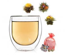 Feelino 1x 410ml Jumbo XXL doppelwandiges Thermoglas + 3x BIO-Teeblumen aus weißem Tee mit natürlichen Blüten/doppelwandiges Thermo Glas mit Schwebe-Effekt