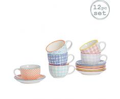 Nicola Spring Gemusterte Porzellan Cappuccino Tassen und Untertassen - 6 individuelle Designs - 250 ml - 6er-Set