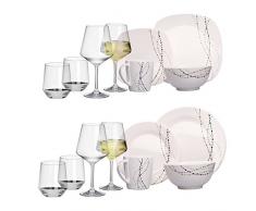Hekers Melamin-Geschirr Line grau elfenbeinweiss rund 16 TLG für 4 Personen + 4 Weingläser u. 4 Tumbler/Wassergläser aus Polycarbonat Camping-Geschirr Tafel-Service Picknik Trekking Outdoor