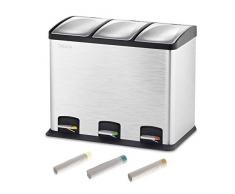 Velaze Edelstahl Treteimer, 3-fach Mülltrennsystem, 36L Mülleimer mit Gratis 60 Stück 12L Müllbeutel, Abfall Mülltrennung mit Absenkautomatik