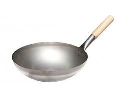 Original chinesischer Wok mit Holzgriff, Stahl, Ø 33 x 9 cm runder Boden (Wok, China-Wok, Stahl-Wok, Asia-Wok)