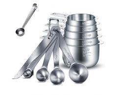 HENSHOW Messbecher und Messlöffel Set, 13 Stück hochwertiger 304 Edelstahl Messlöffel/Messbecher/Messlineal für Backmessen Trockenrationen und Flüssigkeit mit kostlosem Geschenk Kaffeelöffel Klammer