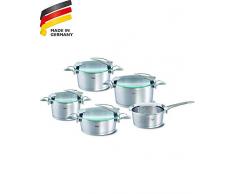 Fissler solea / Edelstahl-Topfset, 5-teilig, Induktions-Kochtopfset, Töpfe mit Glasdeckel, stapelbar, alle Herdarten auch Induktion (3 Kochtöpfe, 1 Bratentopf, 1 Stielkasserolle-deckellos)