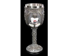 Figuren Shop GmbH Fantasy Ritter Kelch - Kreuzritter hält Schwert | Trink-Kelch mit Edelstahl-Einsatz, handbemalt
