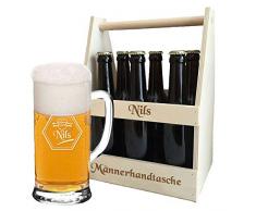 Bierkrug + Flaschenträger + kostenlose Gravur = Bier-Set als Geburtstagsgeschenk | personalisierte Geschenkidee für Biertrinker | Bierträger graviert | Bierglas (B2)