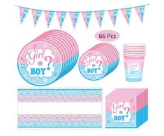 Amycute 66-teiliges Gender Reveal Party Dekoration Babyparty Geschlecht Offenbaren Baby Deko, einschließlich Teller, Becher, Servietten und Tischdecke, für 16 Personen.