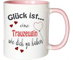 WarmherzIch Becher Tasse Glück ist…Trauzeugin Kaffee Kaffeetasse liebevoll Bedruckt BFF Beste Freundin Hochzeit Weiß-Rosa