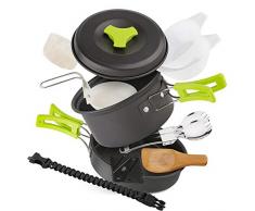 EXTSUD Camping Kochgeschirr Campinggeschirr Ultraleicht Picknick 12-Teilig Cookware Kit mit feuersteine Armbänder und Kartenmesser für Outdoor Reise Camping 1 Person FDA Zertifiziert MEHRWEG