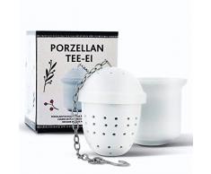 Teesieb aus Keramik | Porzellan Teeei mit Kette aus Edelstahl - Tee-Ei für losen Tee in Bechern oder Tassen, inklusive Abtropfschale, Ø 4 cm | Tea2Be