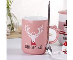 LANKOULI Keramik Kaffeetassen Weihnachten Kaltwasserbecher Büro Nachmittagstee Dufttee Schwarzer Tee Teetasse Bringen Sie Deckel Löffel-Rosa_301-400ML