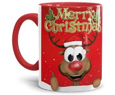 Tassendruck Weihnachtstasse Merry Christmas/Farbtasse Innen und Henkel Rot mit Rentier - Qualität Made in Germany
