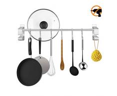 KINLO 40cm Küchenleiste Ohne Bohren - 6 Hacken - Küchenrelingsystem - Tragfähigkeit über 5kg - für Küche Badzimmer, Küchenutensilien - mattsilber - Hängeorganizer Küchenhalterung Küchenhelfer