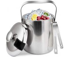 Slakr Eiseimer Eisbehälter Sektkühler Eiswürfelbehälter Mit Zange Und Deckel Edelstahl Weinkühle Eiskübel Eiskühler Doppelwand-Isolierung Für Besonders Lange Kühlung 1.3 L, Silber