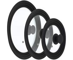 com-four® 3 Universal Spritzschutz Glasdeckel mit Silikonrand für Töpfe und Pfannen mit Ø 16-30 cm (03 Stück - Ø21cm/Ø27cm/Ø30.5cm)