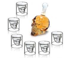 MVpower Totenkopf Whiskyglas Set 350ml Karaffe mit 6 Totenkopf Gläser 75ml Dekanter Schnapsglas Schädel Whisky Vodka Für Bar Party