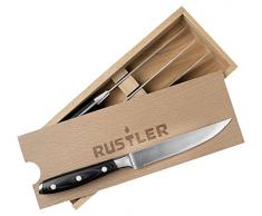 Rustler Steakmesser 4er Set aus rostfreiem Edelstahl, Steakbesteck mit ergonomisch geformten Stahl-Griff und Micarta-Holz, ultra-scharf, erstklassige Verarbeitung, Drei-Nieten-Design