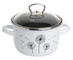 Kochtopf Pusteblume | Ø 16 cm | mit Glasdeckel | 2 Liter | weiß mit schwarzem Design | für alle Herdarten + Induktion | Qualitäts-Email auf 1mm Stahl | stapelbar | Suppentopf | Gemüsetopf