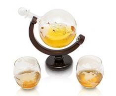 VinoYes Edle Whisky Karaffe mit Whiskygläser Set aus Handarbeit | Decanter Whisky set mit schöner Geschenkbox | luftdichter Verschluss | Glasskaraffe mit Whiskyglas für Whiskykenner mit Globus | 850ml
