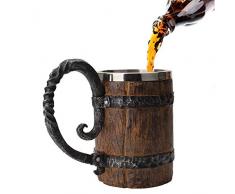 Baiwka Handgemachte Bierkrug, Holzimitat Edelstahl Tasse, Holz Geschenke rustikale Holzfass Becher für Männer Kapazität: 18,60 Unzen (550 ml)