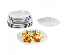 Van Well Tafelservice Lilli, 12-TLG. für 6 Pers, Speiseteller + Suppenteller 500 ml, Menüteller, Servierteller, Obstschale, edles Markenporzellan, Geschirrset, klassisch weiß, quadratische Form