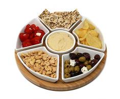 Rotierende Lazy Susan Dip Set | Bamboo Dreh Servierplatte mit 6 Keramikschale Snack Schüsseln | Ideal für Dips, Appetizer & Snacks | M&W