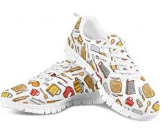 POLERO Herren Damen Laufschuhe Atmungsaktiv Turnschuhe Schnürer Sportschuhe Sneaker mit Cartoon Küchenbedarf Print Weiß 47 EU