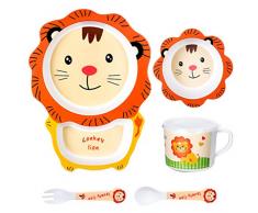 NUOBESTY 5 Stück Kindergeschirr-Sets Bambus Löwenform Kleinkind ESS-Set mit Teller Schüssel Tasse Gabel Löffel für Kinder Kleinkind Tier Brithday Party Liefert Gefälligkeiten