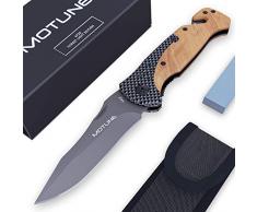 MOTUNE® Zweihand Klappmesser 3-in-1 KP20 - Scharfes Taschenmesser mit Holzgriff - Zweihandmesser mit Titaniumklinge aus Edelstahl - Outdoor Messer mit Schleifstein & Gürteltasche