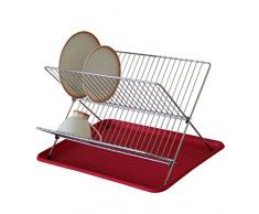Ribelli Geschirrabtropfkorb, Abtropfständer mit verchromten Metallstreben, Auffangwanne, Abtropfgestell mit Klappsystem, platzsparender Abtropfständer, ca. 40 x 34,5 x 27 cm, Rot