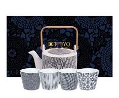 TOKYO design studio Nippon Black Tee-Set schwarz-weiß, 5-TLG, 1x Tee-Kanne 0,8 l und 4X Tee-Tassen 180 ml, asiatisches Porzellan, Japanisches Design, inkl. Geschenk-Verpackung