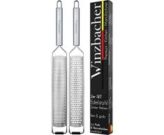 Winzbacher® DAS ORIGINAL [2er Set] Edelstahl Reibe | Parmesanreibe, Zitronenreibe, Muskatnuss, Ingwerreibe, Zester | rasiermesserscharfe Klinge | inkl. Schụtz & Reinigungsbürste