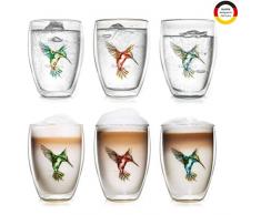 Creano doppelwandige Tee-Gläser, Cappuccino-Glas, Thermoglas Hummi im Kolibri Design, 6er Set, 250 ml in exklusiver Geschenkbox, blau/rot/grün