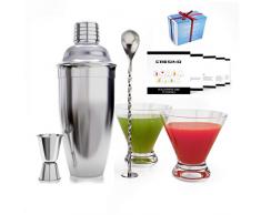 Cocktail-Shaker-Set, 710ml, mit 2 Stiellosen Martini-Gläsern und Cocktail-Rezeptanleitung – das perfekte Weihnachtsgeschenk – Martini-Gläser, Cocktailmixer, Messbecher und Barlöffel