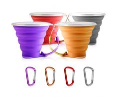 Senhai 4 Stück Faltbarer Travel Cup mit Deckel, tragbar Silikon Multifunktion Versenkbare Tasse zum Wandern Camping Picknick, mit 4er Karabiner - 4 Farben