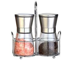 mreechan Gewürzmühle 2er Set,Salz und Pfeffer Mühle mit Keramikmahlwerk,Salzmühle und Pfeffermühle aus Glas & Edelstahl,Auch als Chilimühle– für Verschiedene Gewürze einsetzbar