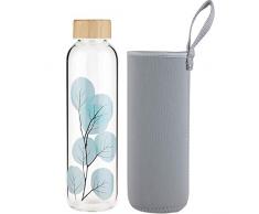FCSDETAIL Sport Borosilikat Trinkflasche Glas Wasserflasche mit Neopren-Hülle mit Bambusdeckel 420 ml / 660 ml /1000 ml