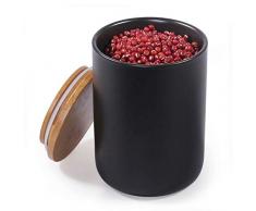 77L Keramik Vorratsdose, 720ML (23.34 FL OZ) Luftdichte Lebensmittelaufbewahrung Kanister mit Aufbewahrungstasche und Holzdeckel, Tragbare Keramik Vorratsdose für Gewürz, Kaffee und mehr (Schwarz)